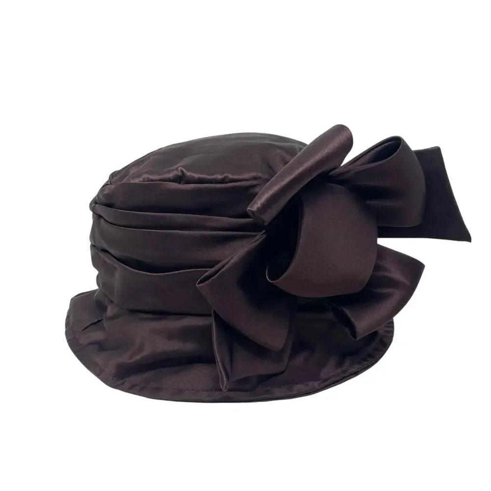 NWT Vintage KOKIN New York Cloche Bucket Hat - Brown Satin - Dramatic Bow 1920s